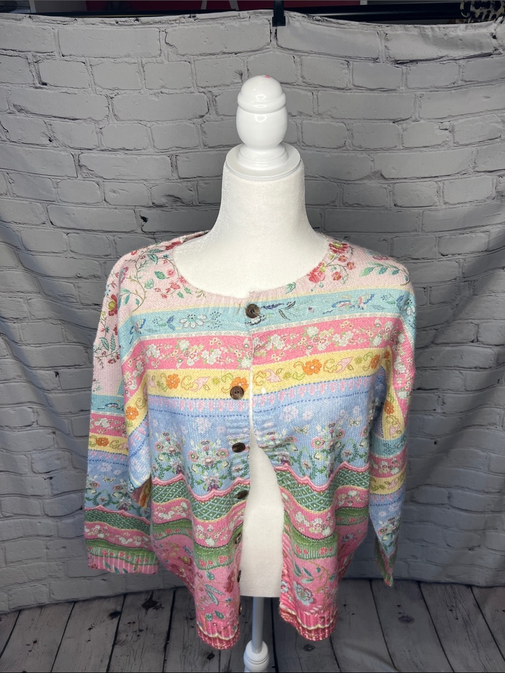 Pastel Floral Patchwork Button Front Cardigan Sweater XL Cottagecore